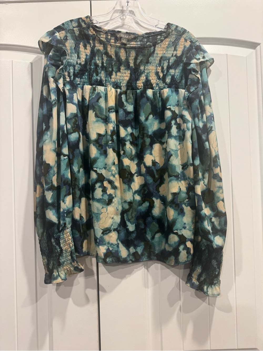 Sharagano Teal and Cream Smocked Yoke Long Sleeve Blouse